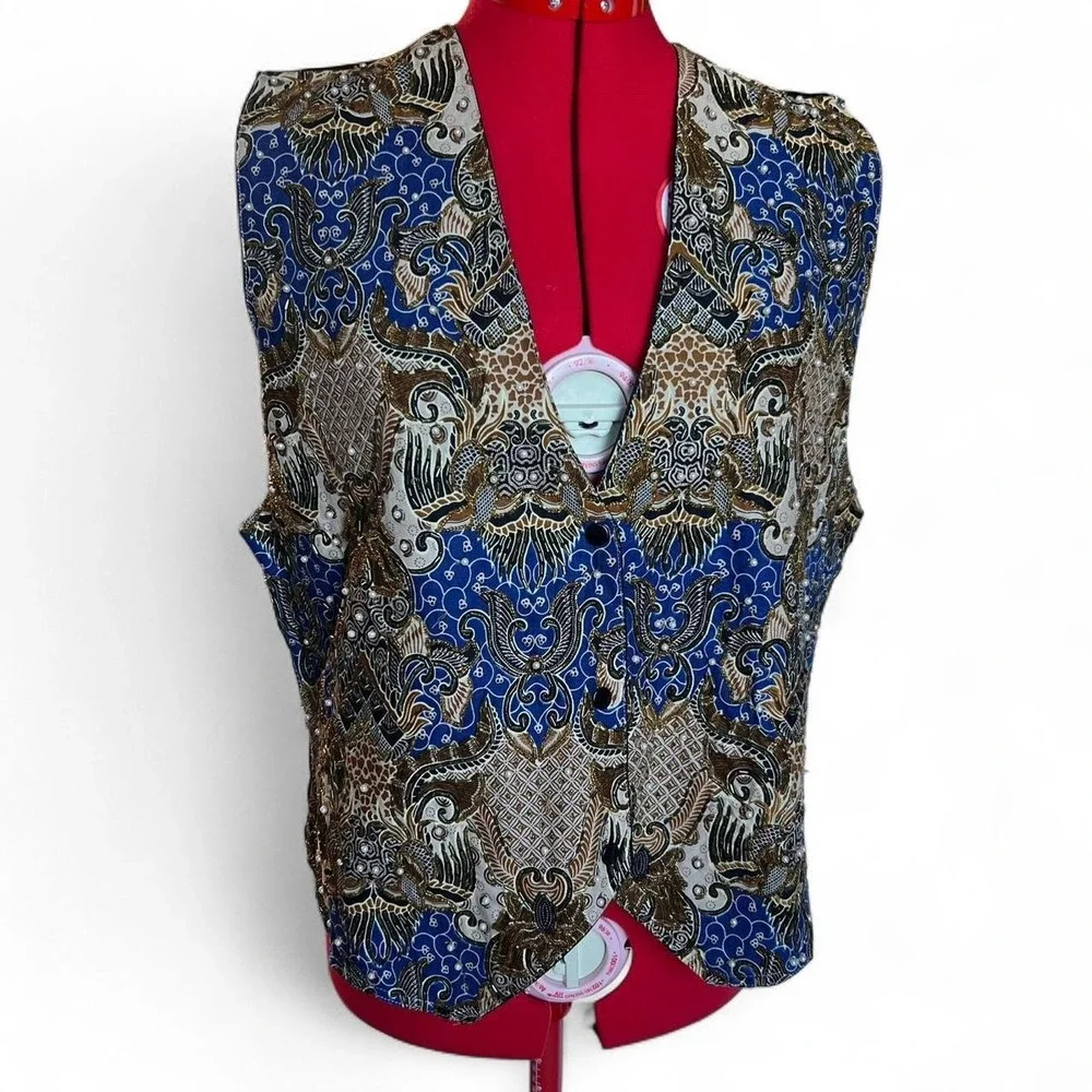 Nouveau Monde Vintage Beaded Button Up Vest Blue Gold Tie Back Mens Large
